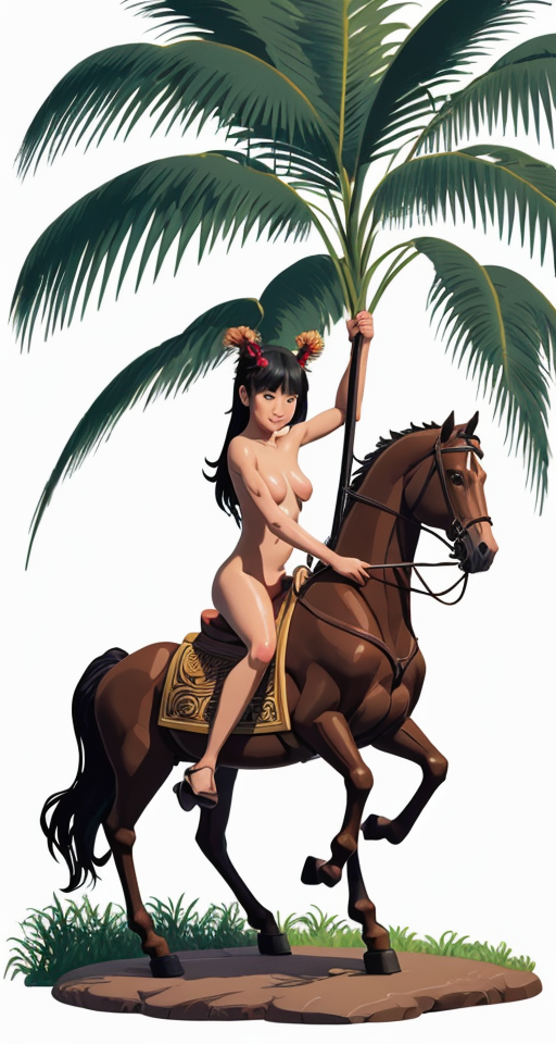Girl on a rocking horse, leaning forward, naked, planar vector, character design, japan style artwork, on a shamanic vision quest, with beautiful nocturnal sun and lush Amazon jungle in the background, subtle geometric patterns, clean white background, professional vector, full shot, 8K resolution, deep impression illustration, sticker type, vibrant color, colorful background, a painting illustration , 2D