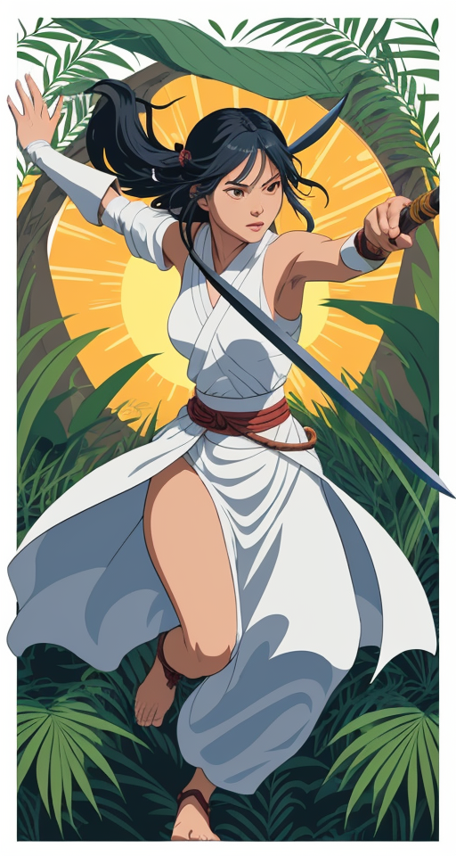 Woman with a sword, charging into battle, planar vector, character design, japan style artwork, on a shamanic vision quest, with beautiful nocturnal sun and lush Amazon jungle in the background, subtle geometric patterns, clean white background, professional vector, full shot, 8K resolution, deep impression illustration, sticker type, vibrant color, colorful background, a painting illustration , 2D