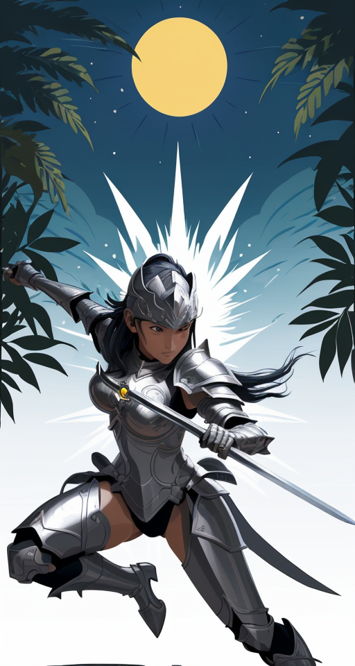 Woman with a sword and a suit of armor, charging into battle, planar vector, character design, japan style artwork, on a shamanic vision quest, with beautiful nocturnal sun and lush Amazon jungle in the background, subtle geometric patterns, clean white background, professional vector, full shot, 8K resolution, deep impression illustration, sticker type, vibrant color, colorful background, a painting illustration , 2D