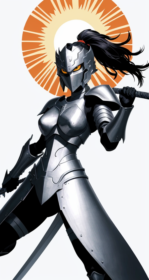 Woman with a sword and a suit of armor, charging into battle, planar vector, character design, japan style artwork, on a shamanic vision quest, with beautiful nocturnal sun and lush Amazon jungle in the background, subtle geometric patterns, clean white background, professional vector, full shot, 8K resolution, deep impression illustration, sticker type, vibrant color, colorful background, a painting illustration , 2D