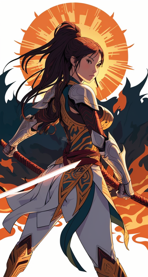 Woman on fire with a sword and a suit of armor, charging into battle, planar vector, character design, japan style artwork, on a shamanic vision quest, with beautiful nocturnal sun and lush Amazon jungle in the background, subtle geometric patterns, clean white background, professional vector, full shot, 8K resolution, deep impression illustration, sticker type, vibrant color, colorful background, a painting illustration , 2D