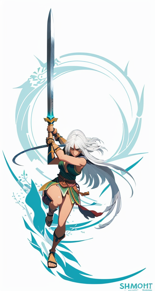Girl Smashing down a single greatsword in two hands, pushed forward, planar vector, character design, japan style artwork, on a shamanic vision quest, with beautiful nocturnal sun and lush Amazon jungle in the background, subtle geometric patterns, clean white background, professional vector, full shot, 8K resolution, deep impression illustration, sticker type, vibrant color, colorful background, a painting illustration , 2D