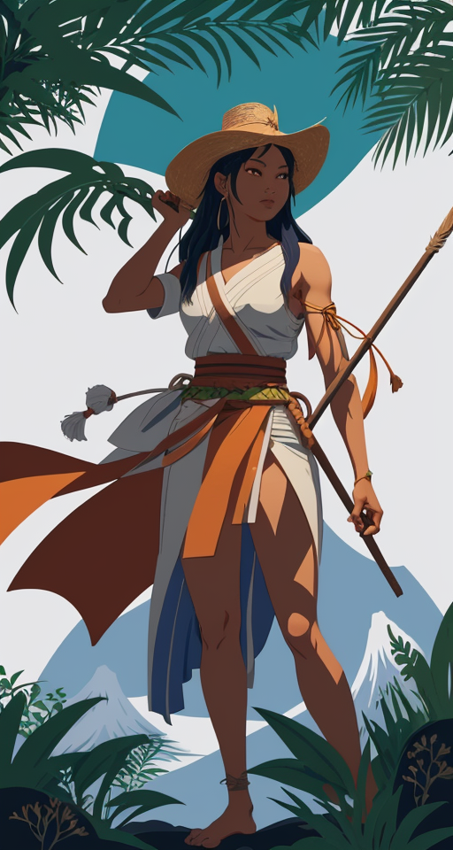 Person with a spear in their left hand and holding their right hand up, planar vector, character design, japan style artwork, on a shamanic vision quest, with beautiful nocturnal sun and lush Amazon jungle in the background, subtle geometric patterns, clean white background, professional vector, full shot, 8K resolution, deep impression illustration, sticker type, vibrant color, colorful background, a painting illustration , 2D