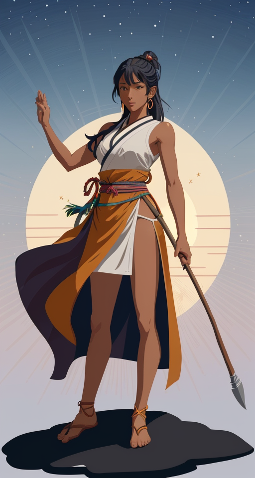 Person with a spear in their left hand and holding their right hand up, full body, tight clothes, planar vector, character design, japan style artwork, on a shamanic vision quest, with beautiful nocturnal sun and lush Amazon jungle in the background, subtle geometric patterns, clean white background, professional vector, full shot, 8K resolution, deep impression illustration, sticker type, vibrant color, colorful background, a painting illustration , 2D