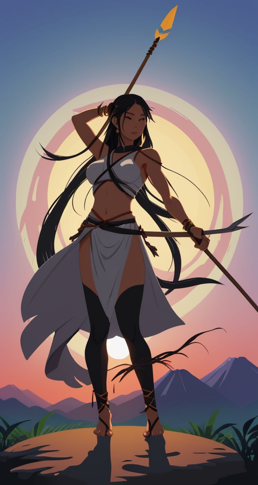 Person with a spear in their left hand and holding their right hand up, full body, tight clothes, planar vector, character design, japan style artwork, on a shamanic vision quest, with beautiful nocturnal sun and lush Amazon jungle in the background, subtle geometric patterns, clean white background, professional vector, full shot, 8K resolution, deep impression illustration, sticker type, vibrant color, colorful background, a painting illustration , 2D