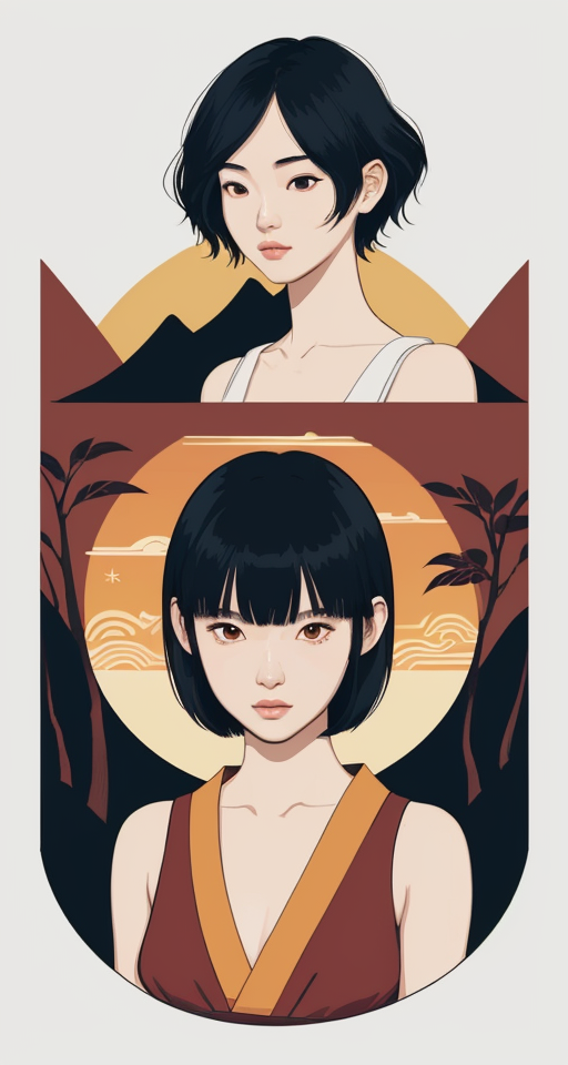 Girl with short hair, looking right, neck length hair, planar vector, character design, japan style artwork, on a shamanic vision quest, with beautiful nocturnal sun and lush Amazon jungle in the background, subtle geometric patterns, clean white background, professional vector, full shot, 8K resolution, deep impression illustration, sticker type, vibrant color, colorful background, a painting illustration , 2D