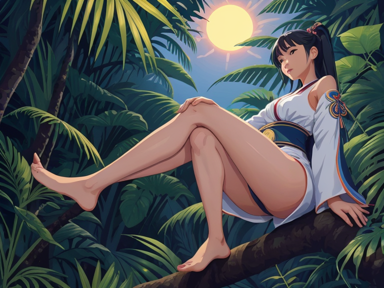 safe for work Girl with her feet up , planar vector, character design, japan style artwork, on a shamanic vision quest, with beautiful nocturnal sun and lush Amazon jungle in the background, subtle geometric patterns, clean white background, professional vector, full shot, 8K resolution, deep impression illustration, sticker type, vibrant color, colorful background, a painting illustration , 2D