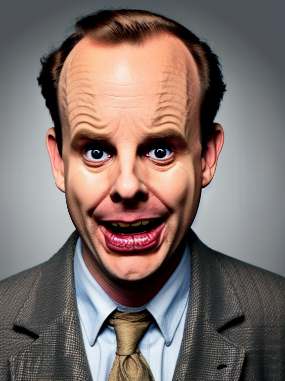 Gob from arrested development on stage crying and laughing, highly detailed, Film, Studio lighting, detailed iris, symmetrical circular eyes