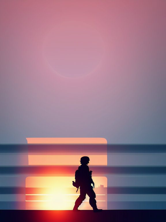 a soldier walking toward a sunset with an american flag background, with silhouette of full moon, sharp edges, at sunset, with heavy fog in air, vector style, horizon silhouette Landscape wallpaper by Alena Aenami, firewatch game style, vector style background