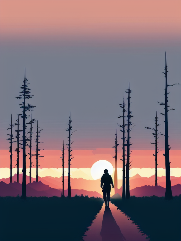 a soldier walking toward a sunset , with silhouette of full moon, sharp edges, at sunset, with heavy fog in air, vector style, horizon silhouette Landscape wallpaper by Alena Aenami, firewatch game style, vector style background