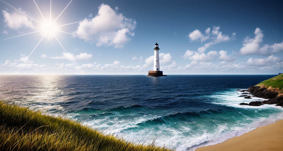 Man in a small boat on the ocean, a lighthouse on the shoreline in the distance, sending out rays of light. The sky is dark, and starlit, the ocean is gleeming from the rays of light, and, moonshine. The perspective is from the eyes of the man in the boat, looking out at the lighthouse in front of him. High resolution, realistic, detailed. 4k, 100x100cm, fit for large size canvas, highest resolution.  
