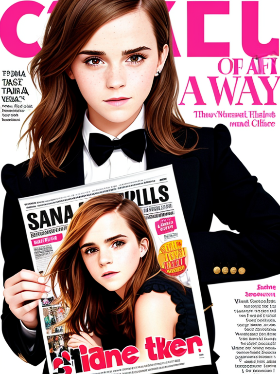 Create a scandlous tabloid newspaper cover featuring emma watson on the front cover.