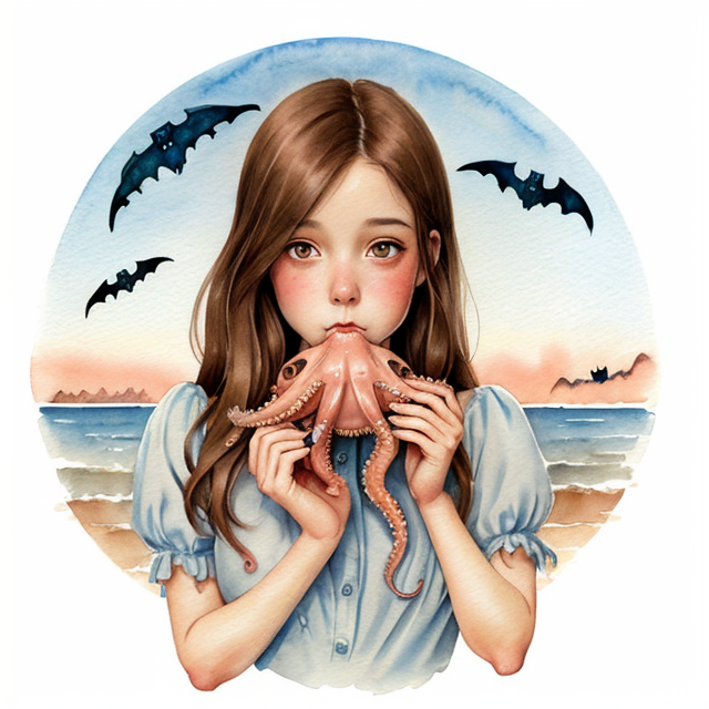 Delicate watercolor illustration, a person eating a live octopus that is deformed by nuclear contamination in the ocean hipperealistic style, Warm color palette, Pastel colors, White background, Cozy,  looking at the viewer, disney pixar style, big brown eyes , Halloween theme,  gothic art, Anne Stokes style, Spooky