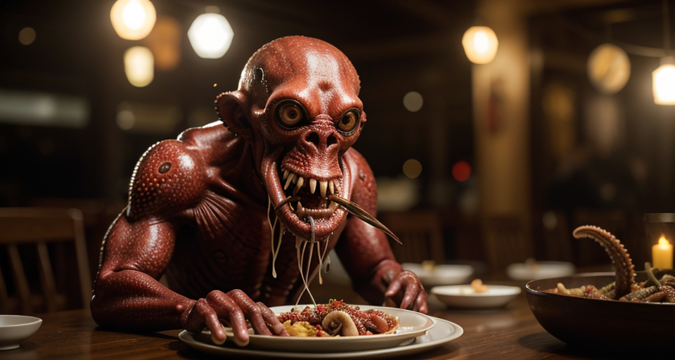 epiCRealism, Sannakji: el plato coreano donde el pulpo se come vivo. Situation that in a table, a person open his big mouth to eat a live octopus that is deformed by nuclear contamination in the ocean, and lost his soul and eyes lost their color, ultra realistic transformation, detailed, 8K resolution, HD, Artstation, well designed, terrifying version, full shot, deep photo, depth of field, Superia 400, bokeh, realistic lighting, professional colorgraded, a male