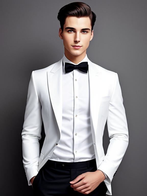 Certainly! Here's a description for the picture:, The image features a charming young man, dressed in a sleek black suit. He stands confidently, radiating an air of elegance and sophistication. With a clean-shaven face, his expression is composed and his lips are gently sealed. The backdrop is a pristine white, which enhances the contrast and brings focus to the stylish figure in the foreground. The frame is a tasteful portrait, capturing the man from the torso up, allowing his attire and demeanor to take center stage.