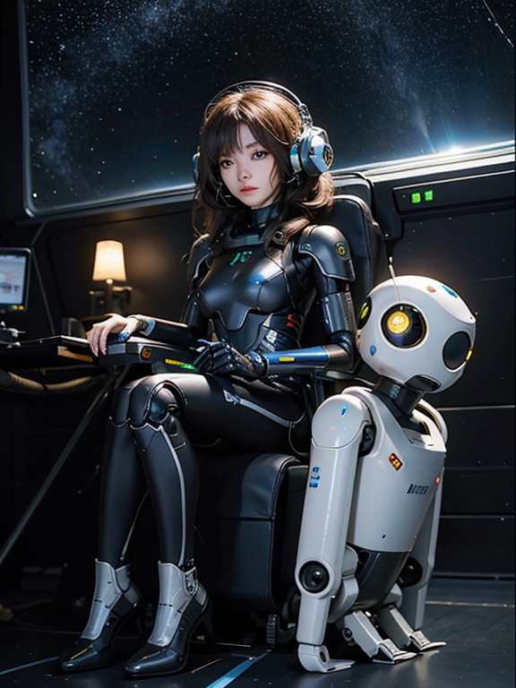 With each step, the robot and its passenger draw closer to the edge of the galaxy, where the stars seem to stretch on forever. The young woman's eyes are filled with wonder and awe as she takes in the breathtaking view from her perch on the robot's shoulder.