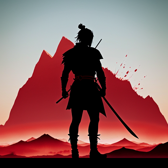 Anime silhouette of a warrior samurai with blood dripping from sword and clothing blowing in the wind, standing in deep thought, red and black colour scheme, mountains in the background and blood splatter on the screen in the foreground. Should only be one sword. Add detail in background such as black silhouette areas of splatter. Sword should be black and red.