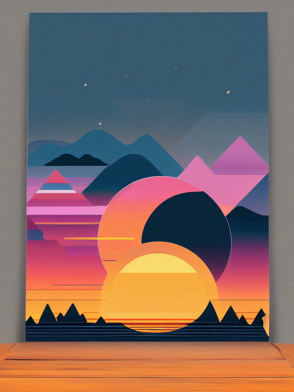 Boho abstract graphic art, with silhouette of full moon, sharp edges, at sunset, with heavy fog in air, vector style, horizon silhouette Landscape wallpaper by Alena Aenami, firewatch game style, vector style background