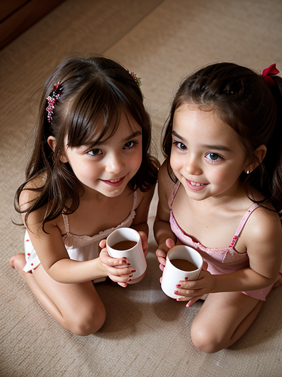 shot from above, Playful beautiful twins playing with the cup