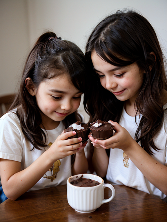 two little twins sharing a cup of chocolate pudding, Chocolate, chocolate pudding, Cup, sisters, Twins, Happy, Playful, Messy