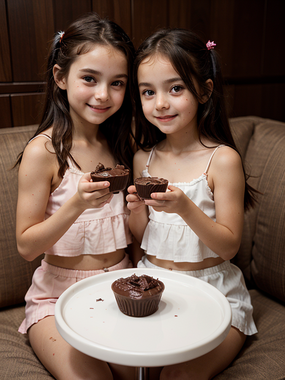 two beautiful little playful twins sharing a cup of chocolate pudding, Chocolate, chocolate pudding, Cup, sisters, Twins, Happy, Playful, Messy