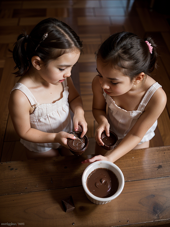 shot from above, two beautiful little dirty twins filling a cup of chocolate-pudding, chocolate pudding, Cup, sisters, Twins, Playful, Epic scene