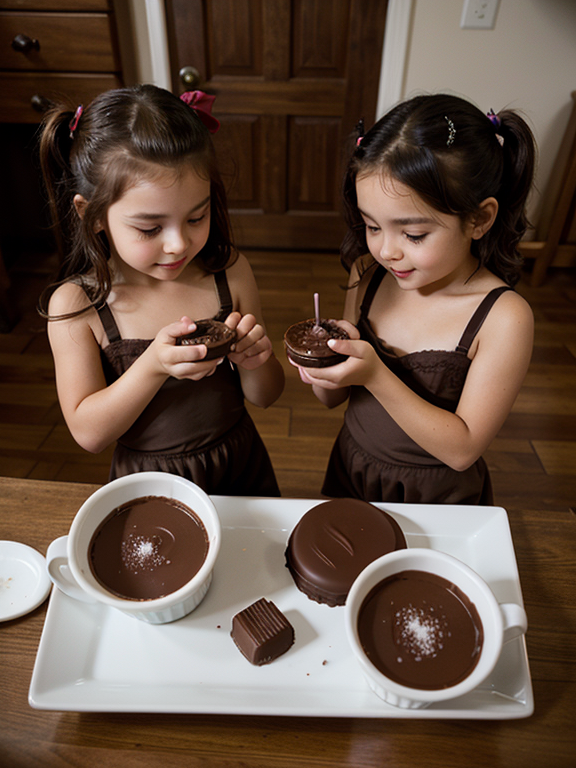 shot from above, two beautiful little alluring twins messing with a cup of chocolate-pudding, chocolate pudding, Cup, sisters, Twins, Playful, Epic scene