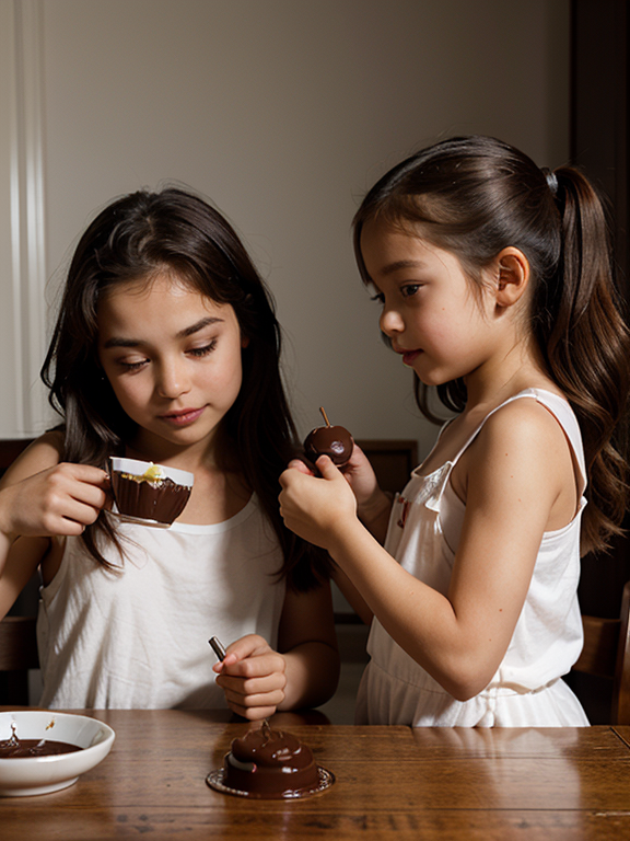 shot from side, two beautiful little alluring twins messing with a cup of chocolate-pudding, chocolate pudding, Cup, sisters, Twins, Playful, Epic scene