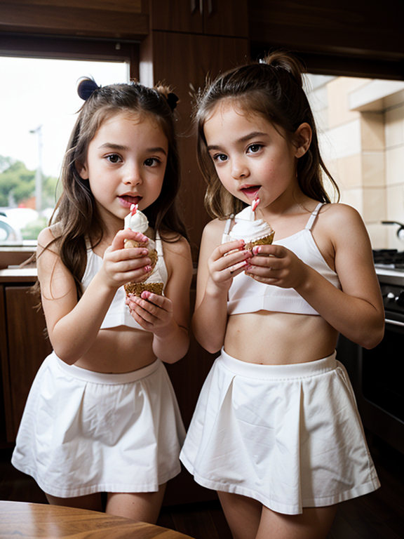 two beautiful little twins messing with a vanilla ice cream, sisters, Twins, Playful, Epic scene, epic, eating, Ice cream