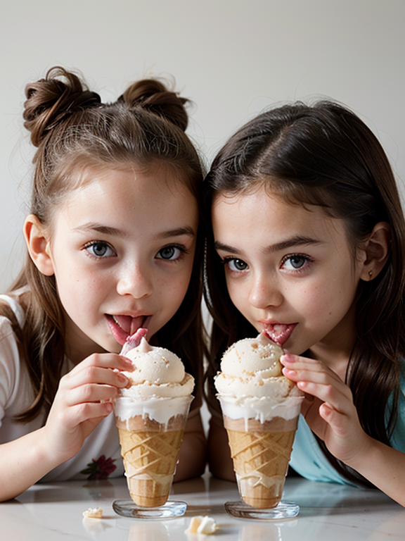 two beautiful little twins messing with a vanilla ice cream, sisters, Twins, Playful, Epic scene, epic, eating, Ice cream, Perfect face