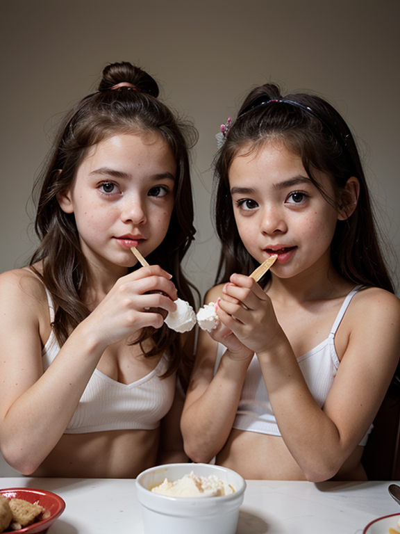 two beautiful little twins messing with a vanilla ice cream, sisters, Twins, Playful, Epic scene, epic, eating, Ice cream, Perfect face