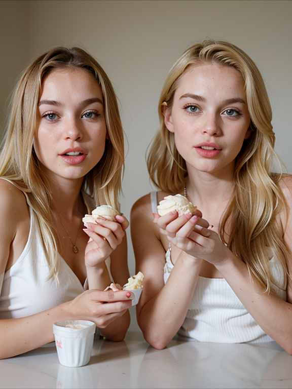 two blond beautiful little twins messing with a vanilla ice cream, sisters, Twins, Playful, Epic scene, epic, eating, Ice cream, Perfect face