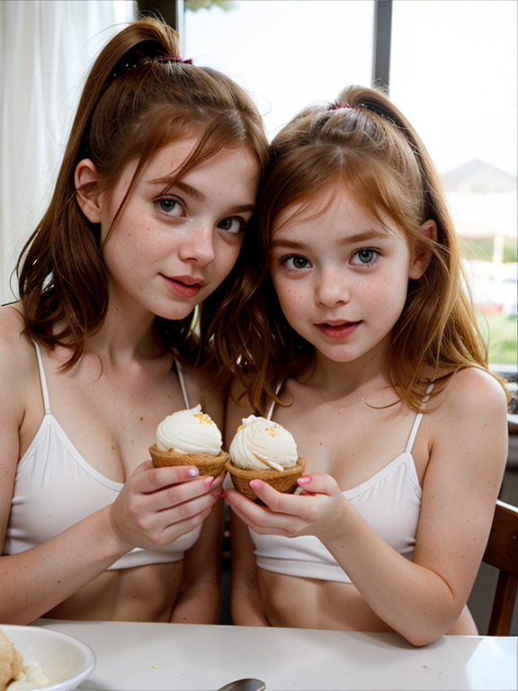 two ginger beautiful little twins messing with a vanilla ice cream, sisters, Twins, Playful, Epic scene, epic, eating, Ice cream, Perfect face