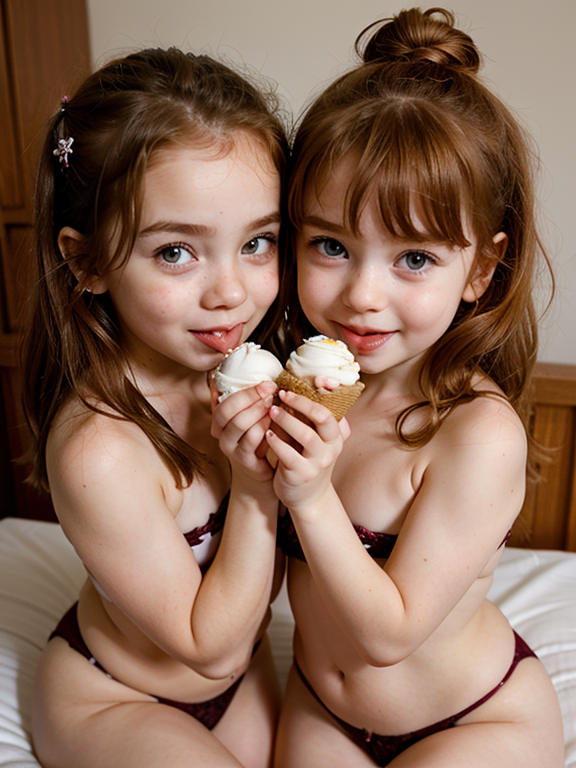 two ginger beautiful little twins licking one vanilla ice cream, sisters, Twins, Playful, Epic scene, epic, eating, Ice cream, Perfect face