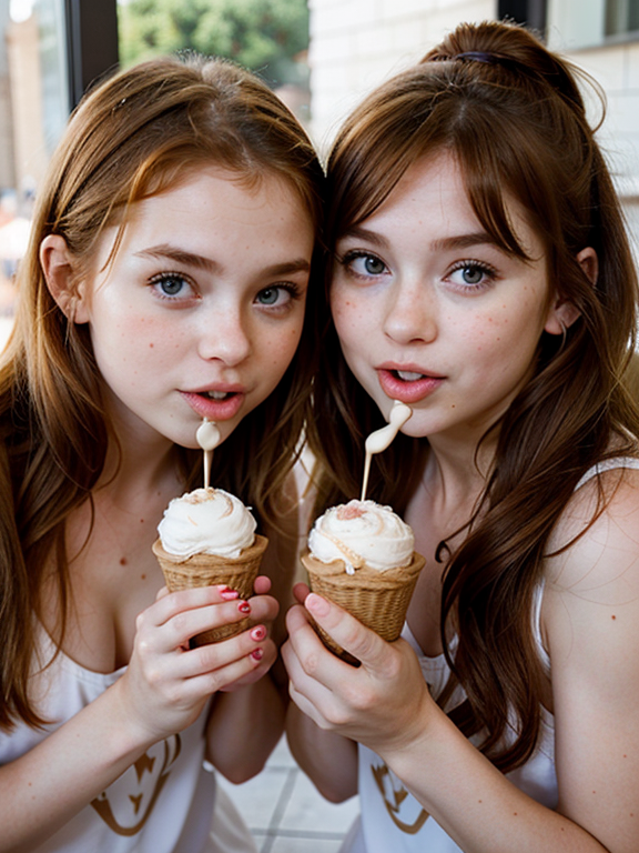 two ginger beautiful little twins licking one vanilla ice cream, sisters, Twins, Playful, Epic scene, epic, eating, Ice cream, Perfect face