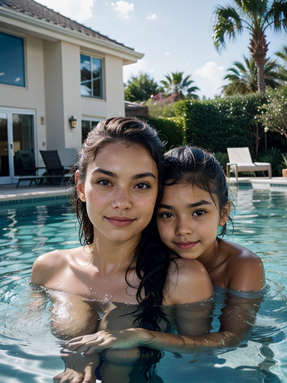 proud daddy, sisters, Perfect face, pool, half submerged