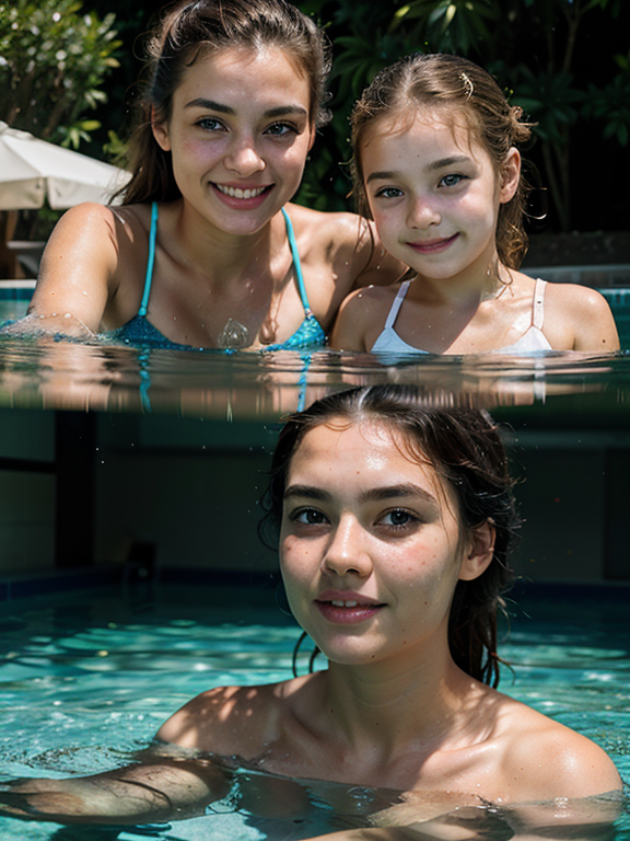 proud daddy, sisters, Perfect face, pool, half submerged