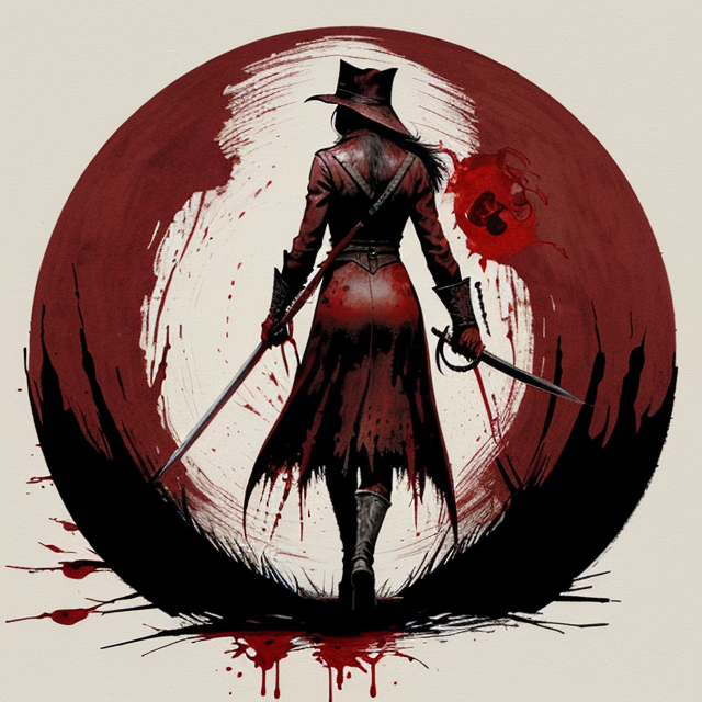 An drawing illustration, 2d art, abstract art, ,blood red theme, from back, noir theme, full body, portrait of eileen, hunter of hunters from bloodborne, floating katana with blood dripping beside her, sword in hand, walking away in an old town, red blood splatter, dark night in street, red moon, tom richmond illustration, classic vibe