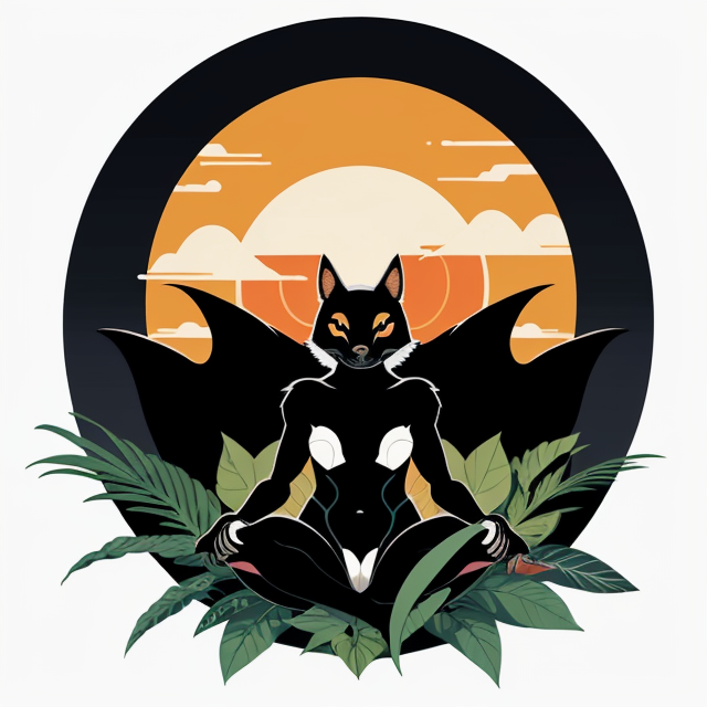bat,black, animal, planar vector, character design, japan style artwork, on a shamanic vision quest, with beautiful nocturnal sun and lush Amazon jungle in the background, subtle geometric patterns, clean white background, professional vector, full shot, 8K resolution, deep impression illustration, sticker type, vibrant color, colorful background, a painting illustration , 2D