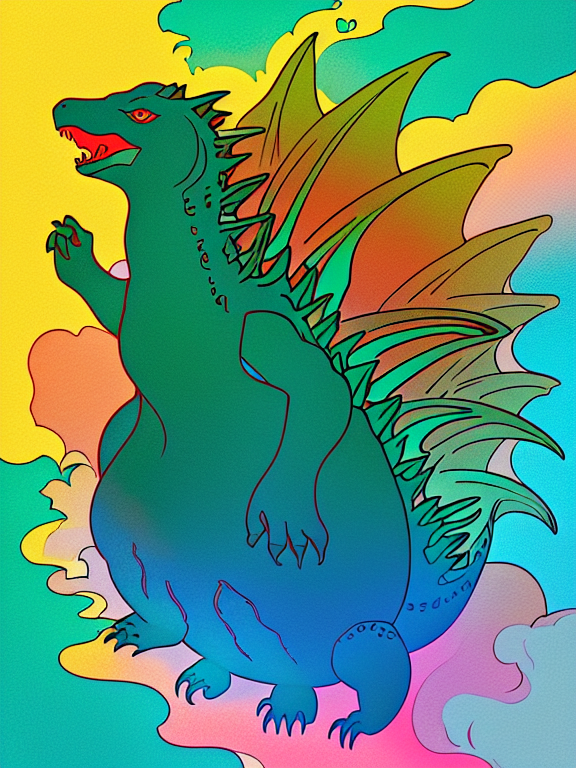 godzilla, black curly-silky hair, tan skin, wearing a backpack, style cartoon, colors, two-dimensional, planar vector, character design, T-shirt design, stickers, colorful splashes, and T-shirt design, Studio Ghibli style, soft tetrad color, vector art, fantasy art, watercolor effect, Alphonse Mucha, Adobe Illustrator, digital painting, low polygon, soft lighting, aerial view, isometric style, retro aesthetics, focusing on people, 8K resolution, octane render
