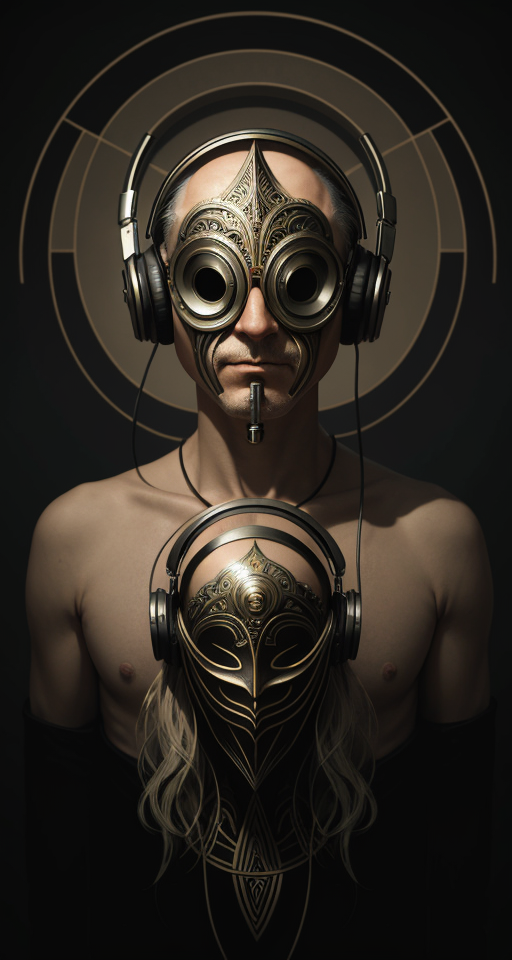  by Anton Semenov, Art deco style, one older man Whith  old sleep mask and art deco headPhones, meditative and listen. This ongoing audio project blends field recordings and synthesizers. Immerse yourself in a tranquil soundscape featuring a calming sound mantra, abstract dream, intricate details <lora:Add More Details:0.7>