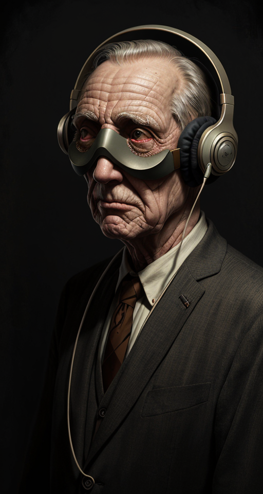  by Anton Semenov, Older man with a ordinary sleep mask and 1930 simple old headphones. Art deco style, abstract dream, intricate details <lora:Add More Details:0.7>