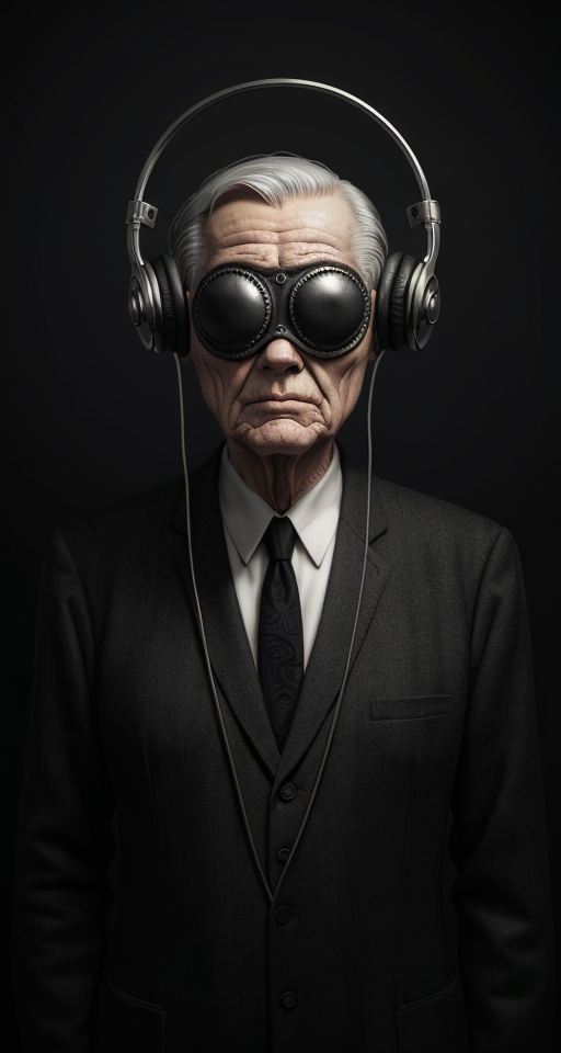  by Anton Semenov, Older man with a ordinary blindfold sleep mask and 1930 Black and Chrome simple old headphones. Art deco style, abstract dream, intricate details <lora:Add More Details:0.7>