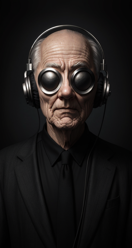  by Anton Semenov, Older man with a ordinary blindfold sleep mask and 1930 Black and Chrome simple old small headphones. Art deco style, abstract dream, intricate details <lora:Add More Details:0.7>