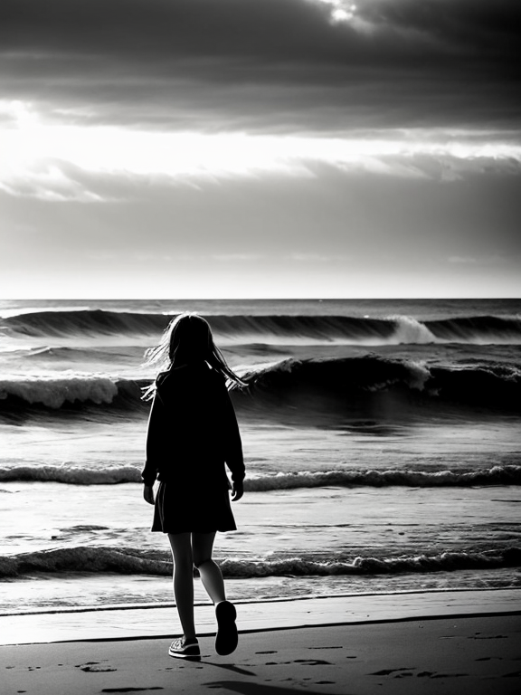 A girl walking around by the ocean alone while waves crash on the shore, echoing so she can't hear herself anyway. , waiting for the sun to shine though. One by one, each of her friends and family members have become depressed and moved on without her.