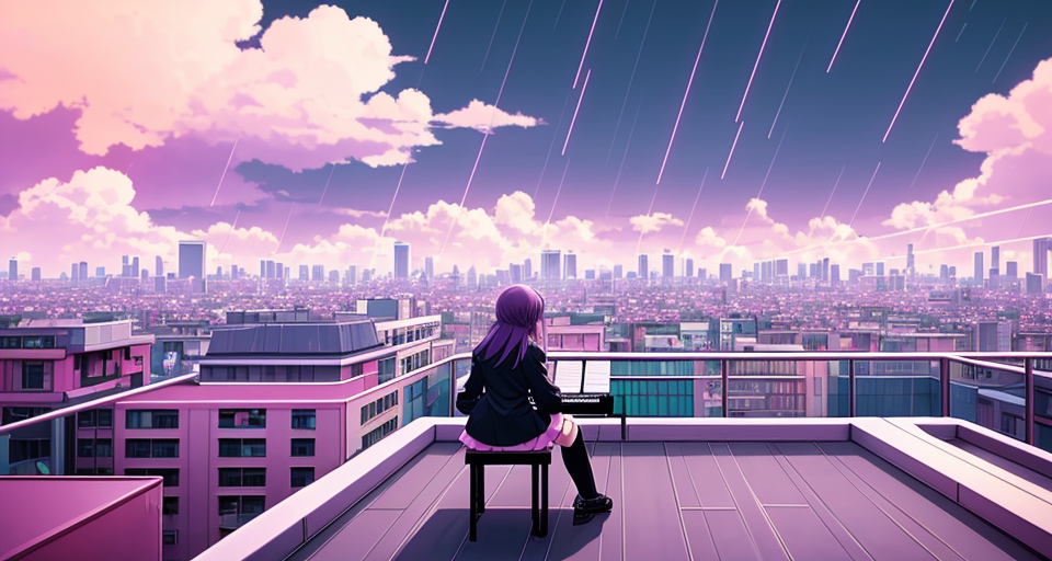 prompthunt: detailed aesthetic vaporwave illustration of a girl sitting on  the rooftop anime digital art award winning scenery cinematic scene