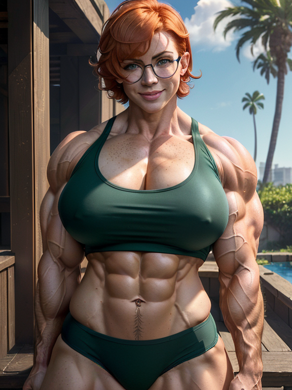 masterpiece, best quality, (masterpiece), (best quality), (high quality), ((8k wallpaper)), ((huge female Irish bodybuilder with insanely huge muscles)), ((middle aged female)), ((very beautiful face)), ((pale skin)), ((full body)), in the backyard, ((cinematic lighting)), vibrant colors, ((hyper muscles)), ((huge biceps)), ((huge deltoids)), ((huge triceps)), ((six pack)), ((green eyes)), ((freckles)), wide shoulders, wide hips, veins, (((huge arms))), big trapezius muscles, ((thick arms)), (((ginger short hair))), ((panties)), ((tank top)), ((square glasses)), happy expression , anime art, smile, Anime Costume, Beautiful, highly detailed
