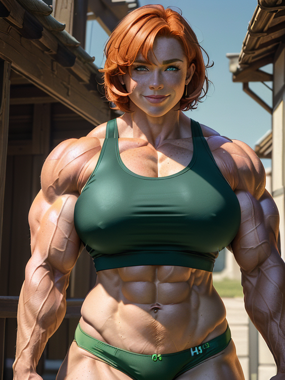 masterpiece, best quality, (masterpiece), (best quality), (high quality), ((8k wallpaper)), ((huge female Irish bodybuilder with insanely huge muscles)), ((middle aged female)), ((very beautiful face)), ((pale skin)), ((full body)), in the backyard, ((cinematic lighting)), vibrant colors, ((hyper muscles)), ((huge biceps)), ((huge deltoids)), ((huge triceps)), ((six pack)), ((green eyes)), ((freckles)), wide shoulders, wide hips, veins, (((huge arms))), big trapezius muscles, ((thick arms)), (((ginger short hair))), ((panties)), ((tank top)), happy expression , anime art, smile, Anime Costume, Beautiful, highly detailed