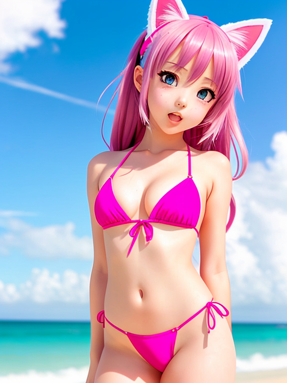 Cute anime girl in a bikini on the beach