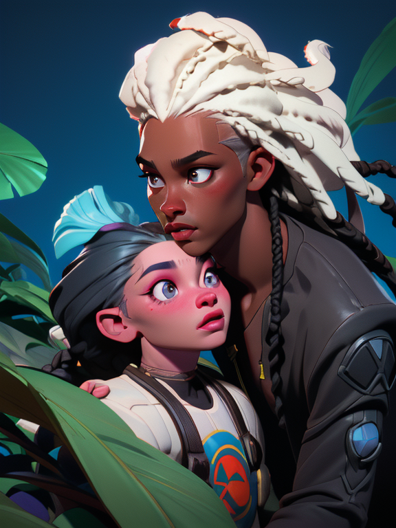 Gay black man with dreadlocks kissing his white boyfriend who has long white hair, Pixar, Disney, concept art, 3d digital art, Maya 3D, ZBrush Central 3D shading, bright colored background, radial gradient background, cinematic, Reimagined by industrial light and magic, 4k resolution post processing, Bangs, in a jungle